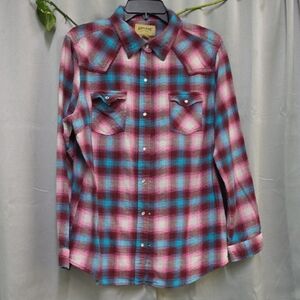 Women's Plaid Button-Down Shirt in Pink and Blue